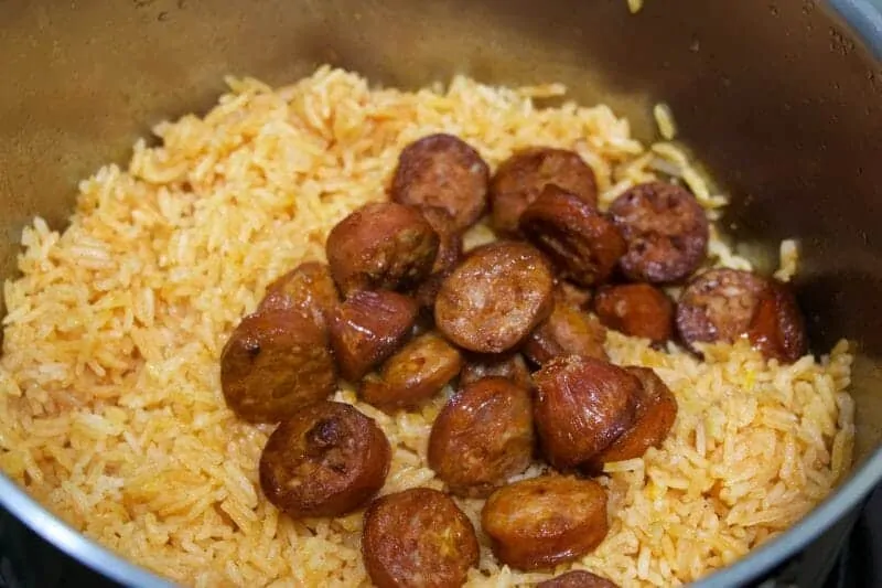 spanish rice step 9 fluff rice add sausage