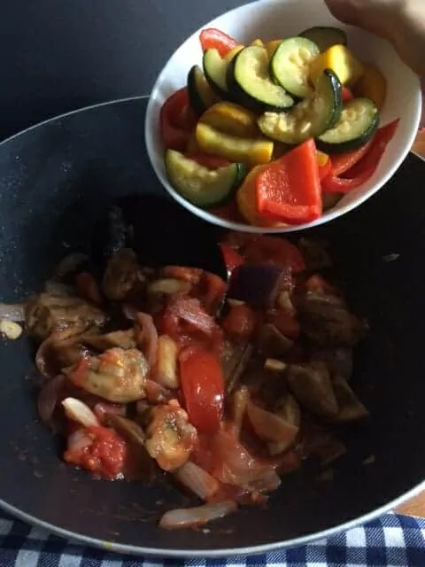 step six add the cooked veg back in