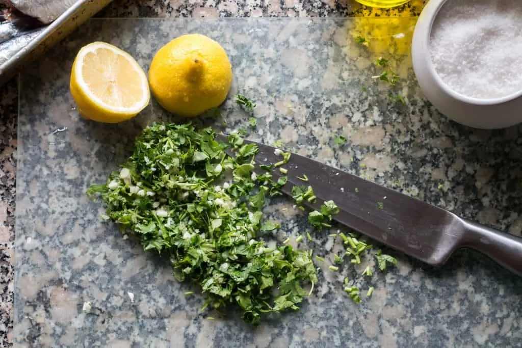 Grilled Piri Piri Sardines on Crusty Bread step2 Chop Garlic and Cilantro