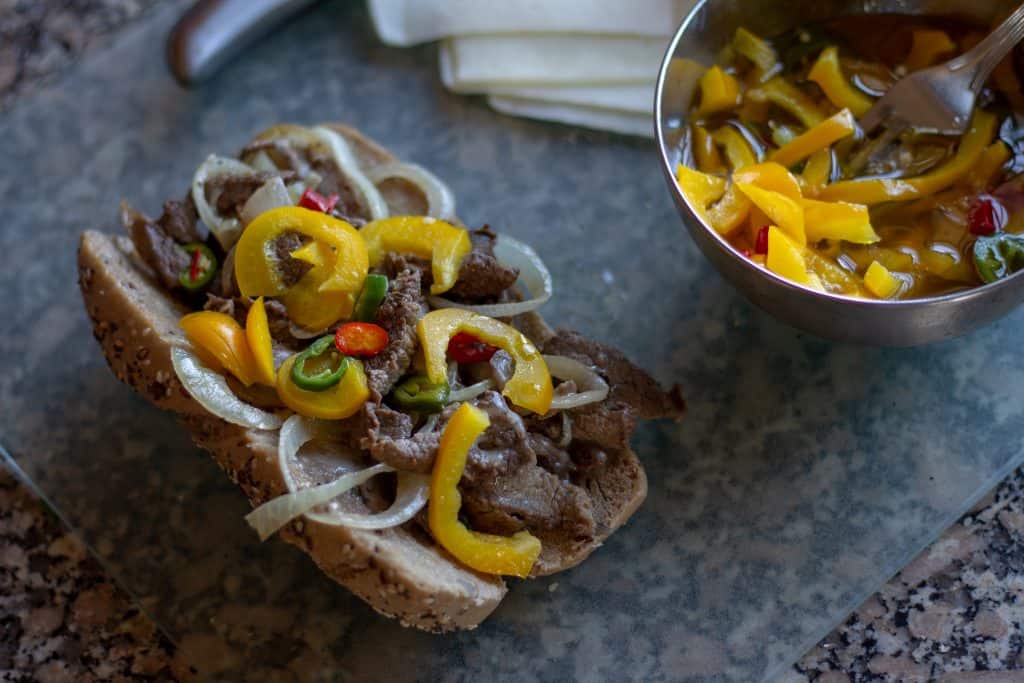 Philly Cheese Steak Sandwich with Quick Pickled Sweet and Spicy Peppers