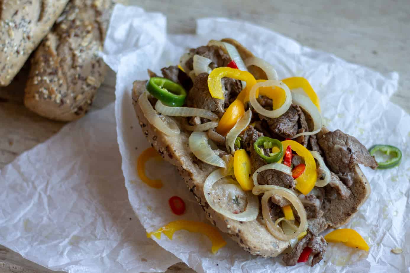 Philly Cheese Steak Sandwich with Quick Pickled Sweet and Spicy Peppers