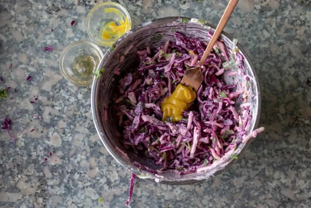 Salmon Tacos With Red Cabbage and Green Apple Slaw step 8 add everything to bowl