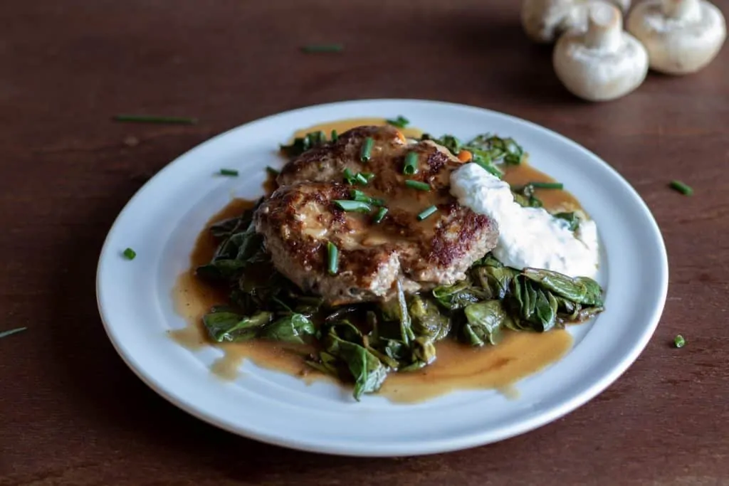 Salisbury Mushroom Steak with Gravy and Creamy Horseradish and Sautéed Spinach Complete