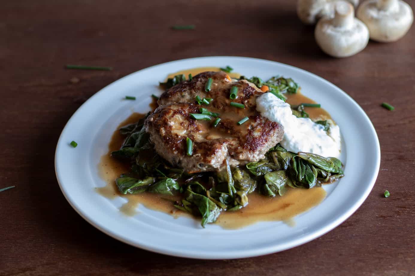 Salisbury Mushroom Steak with Gravy and Creamy Horseradish and Sautéed Spinach Jen Reviews