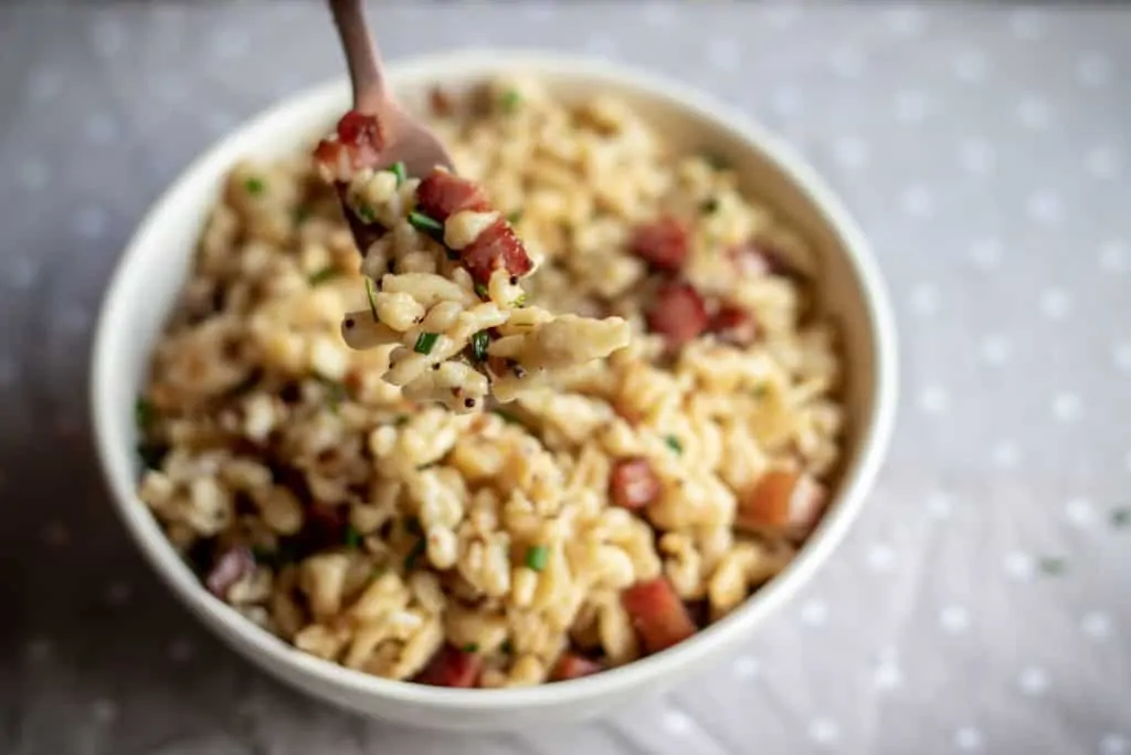 Butter Sauteed Herb Spaetzle with Crispy Smoked Ham Completed 1