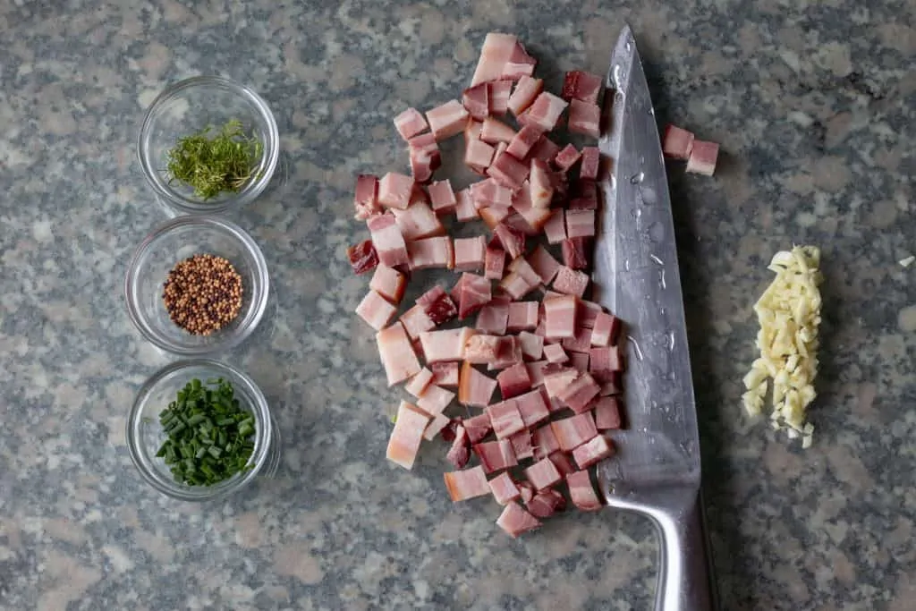 Butter Sauteed Herb Spaetzle with Crispy Smoked Ham Step 2 Prep ham and herbs